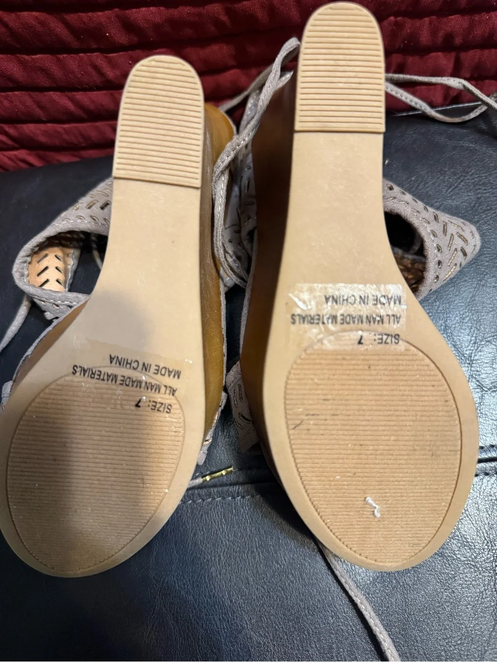 Qupid Taupe Laser-Cut Lace-Up Wedge Sandals with Suede Upper